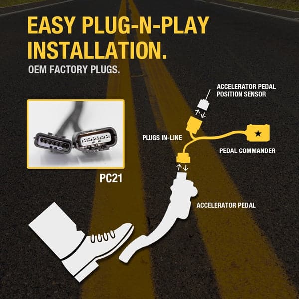 Merchant Pedal Commander PC21 has an easy plug-n-play installation between your accelerator pedal sensor and accelerator pedal